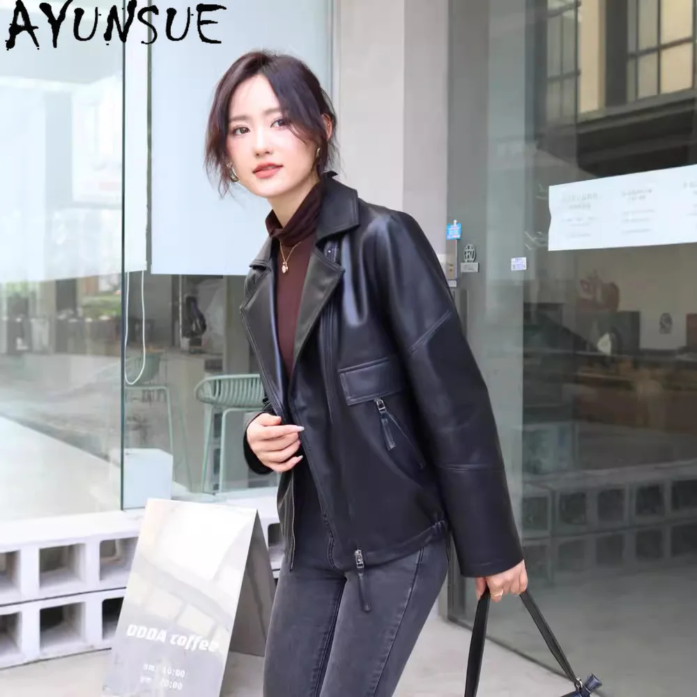 AYUNSUE Schaffell Echt Leder Jacke Frauen 2025, Schwarz Motorrad Mantel Frühling Herbst Kleidung Frauen Lose Fit Jaqueta De Couro