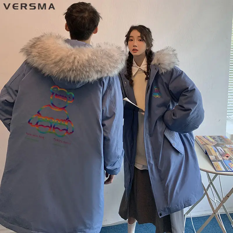 VERSMA-Chaqueta con estampado reflectante para hombre, abrigo coreano Harajuku de plumón de pato, Parka larga de gran tamaño con cuello de piel para