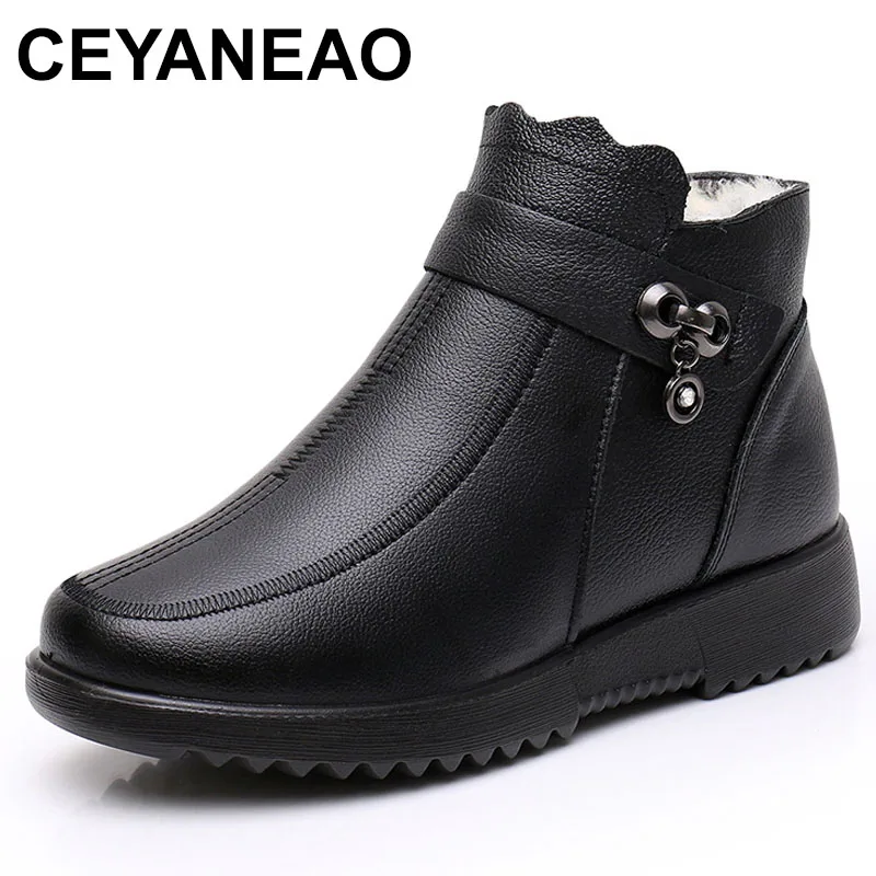 

Women's Winter Thiened Leather Wool Cotton oes Warm Anti-slip round Head Mommy Cotton Snow Boots ort Tube