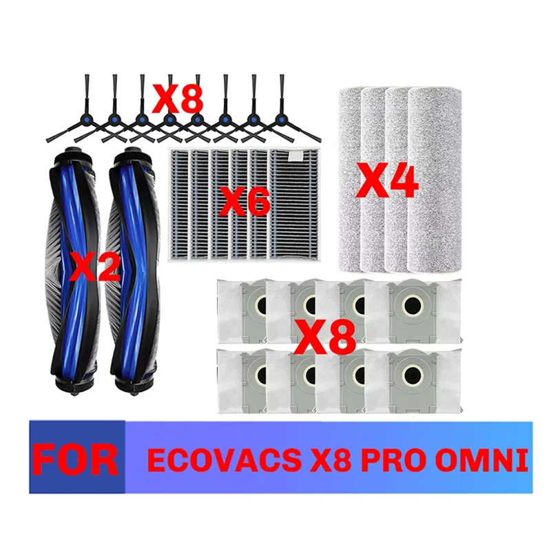 

ABGG-Accessories Kit For Ecovacs X8 Pro Omni Robot Vacuum Spare Parts Side Brushes Mop Cloths HEPA Filters Dust Bag