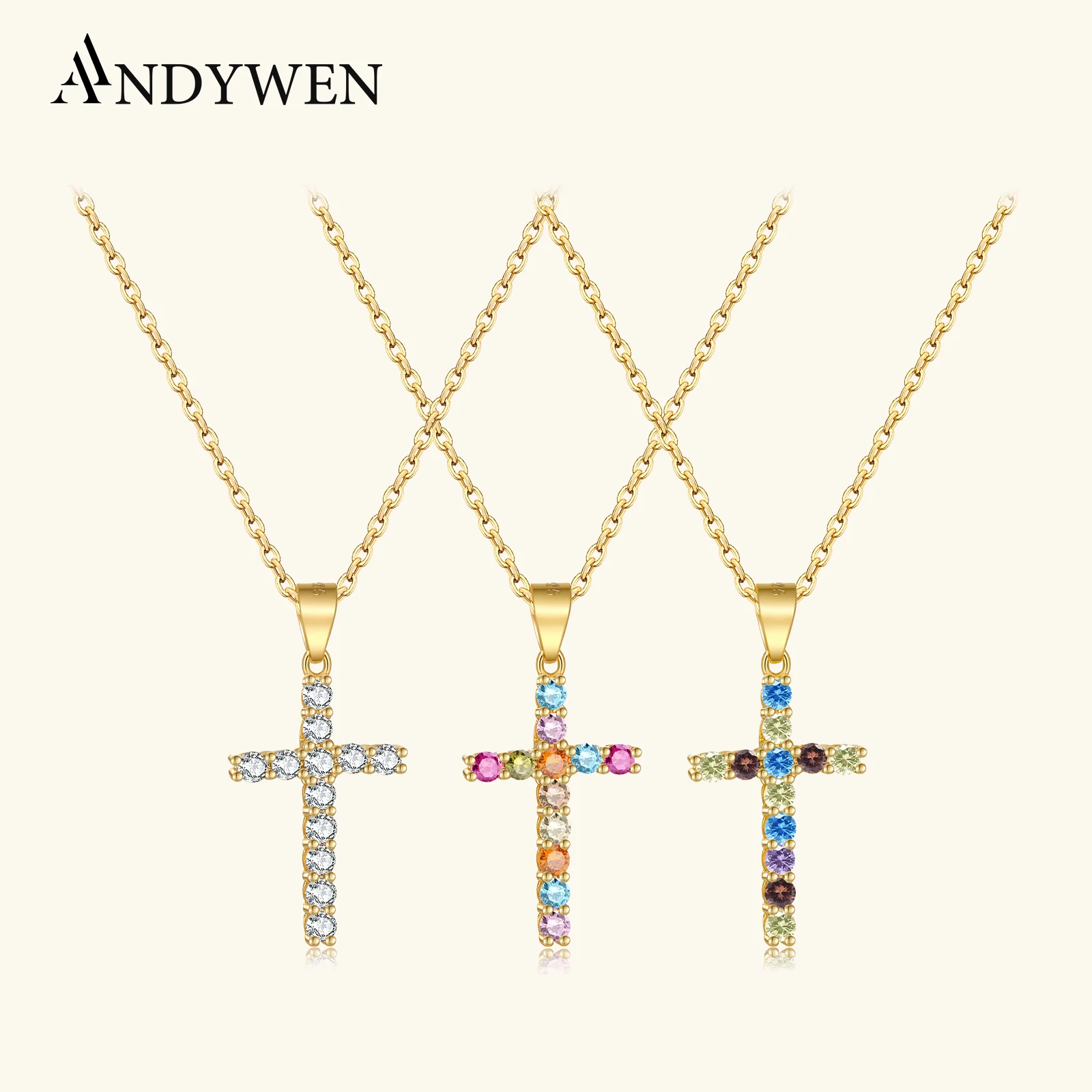 

ANDYWEN 925 Sterling Silver Gold Clear Zircon Cross Pendant Necklace Long Chain Luxury Clip Wedding Rock Punk Sunmmer Choker