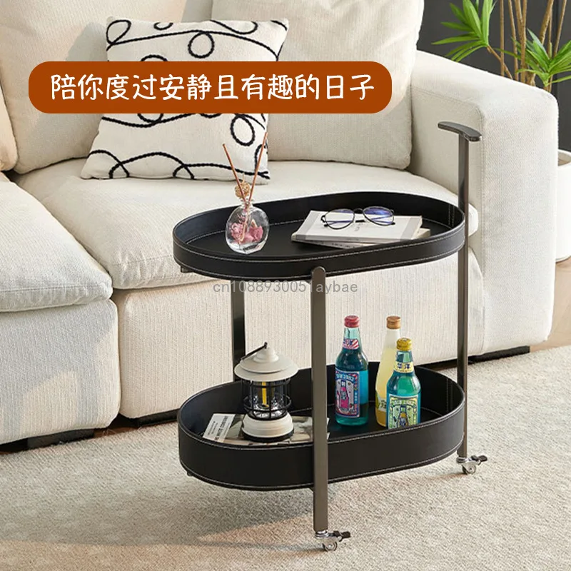 Saddle Leather Mobile Coffee Table Trolley Side Sofa Side Cabinet Living Room Home Corner Bedroom with Wheel Rack