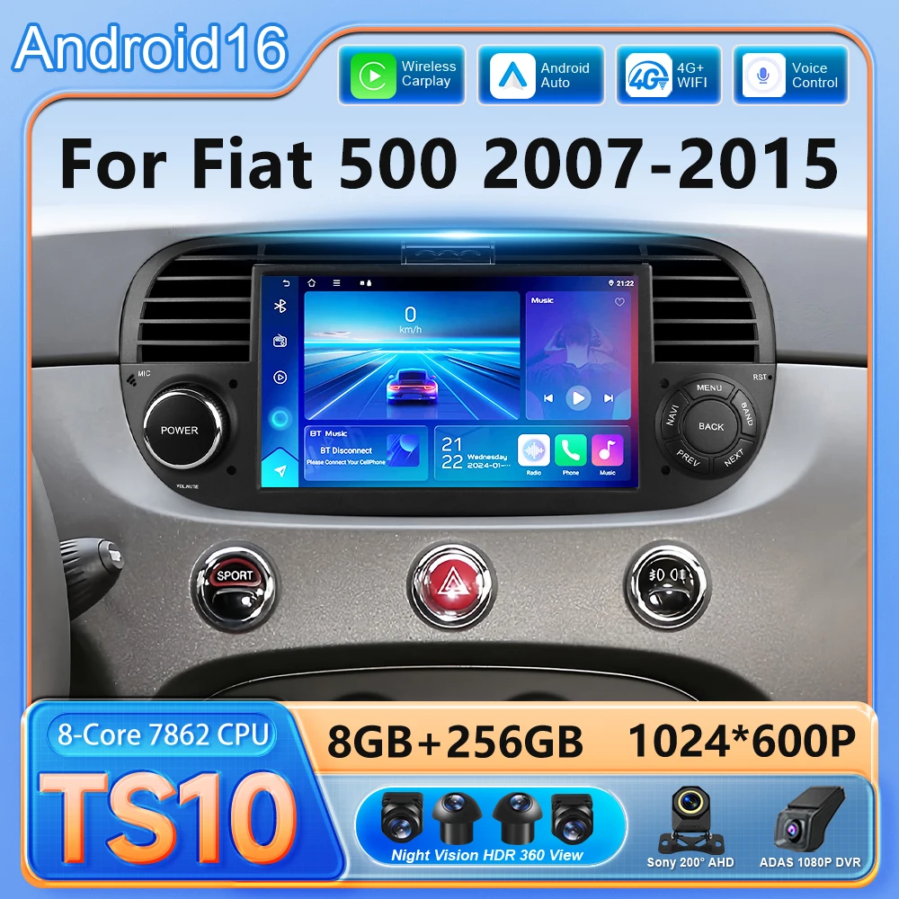 Android 16 para Fiat 500 2007-2015, Navegación GPS, Carplay Inalámbrico, Reproductor Multimedia para Auto, Reproductor de Video, Estéreo, Autoradio, Herramientas, BT, WIFI, GPS