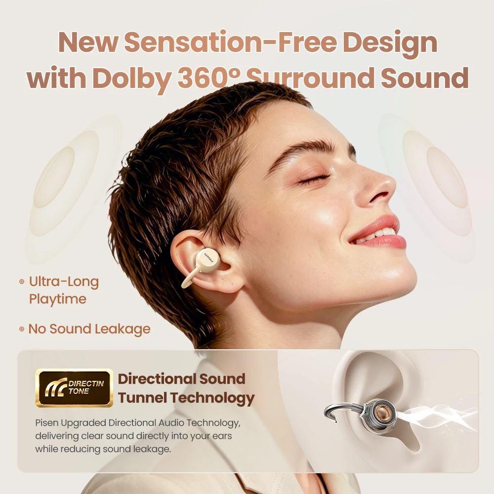 PISEN Wireless Bluetooth 6.0 Hi-Res Ear Clip Earphones 360° Directional Sound Field Long Battery Life Sports Clip Earbuds 30H Pl