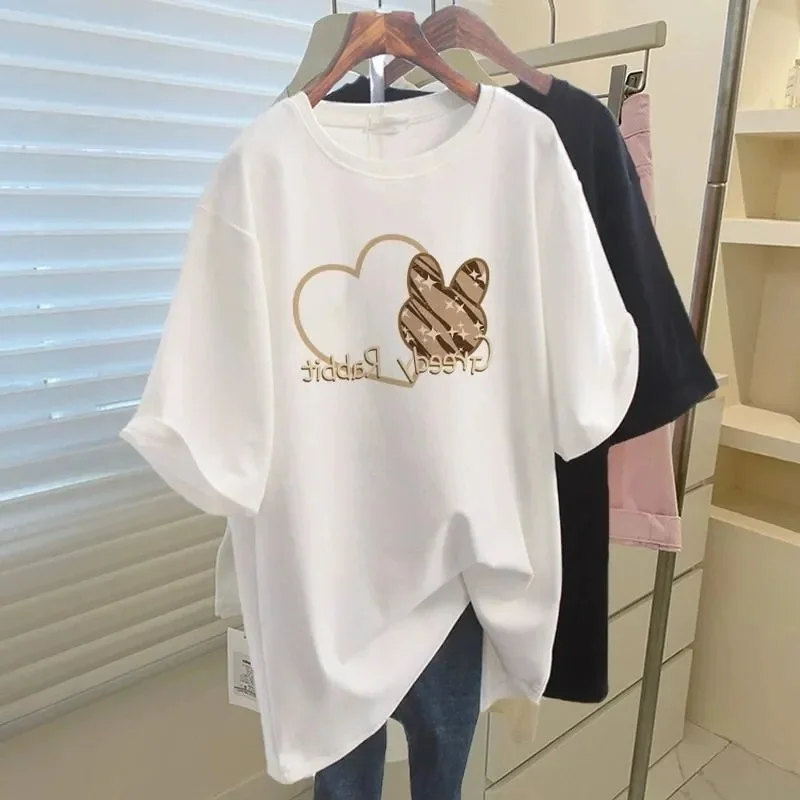 

plus Size 300 Pou Cartoon Print round Ne ort Sve T-irt Casual Summer Women's f Sve Top Comfortable Loose Fit