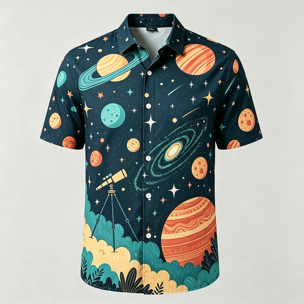 Men's Summer New Starry Sky Shirt, Starry Night Romantic Summer Vacation Shirt