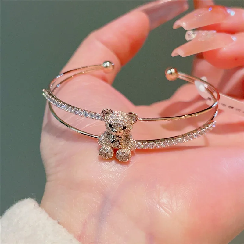 

Милый Браслет-манжета CC, подарок для девушек, двухслойный регулируемый браслет из розового золота с цирконием, характерные Женские аксессуары J374