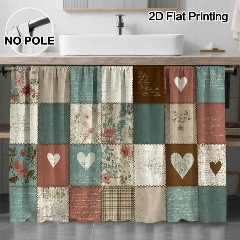 VIKAMA Kitchen Cabinet Curtain Vintage Patchwork Heart Floral Print Dust‑Proof Short Curtain for Sink Counter Home Decor