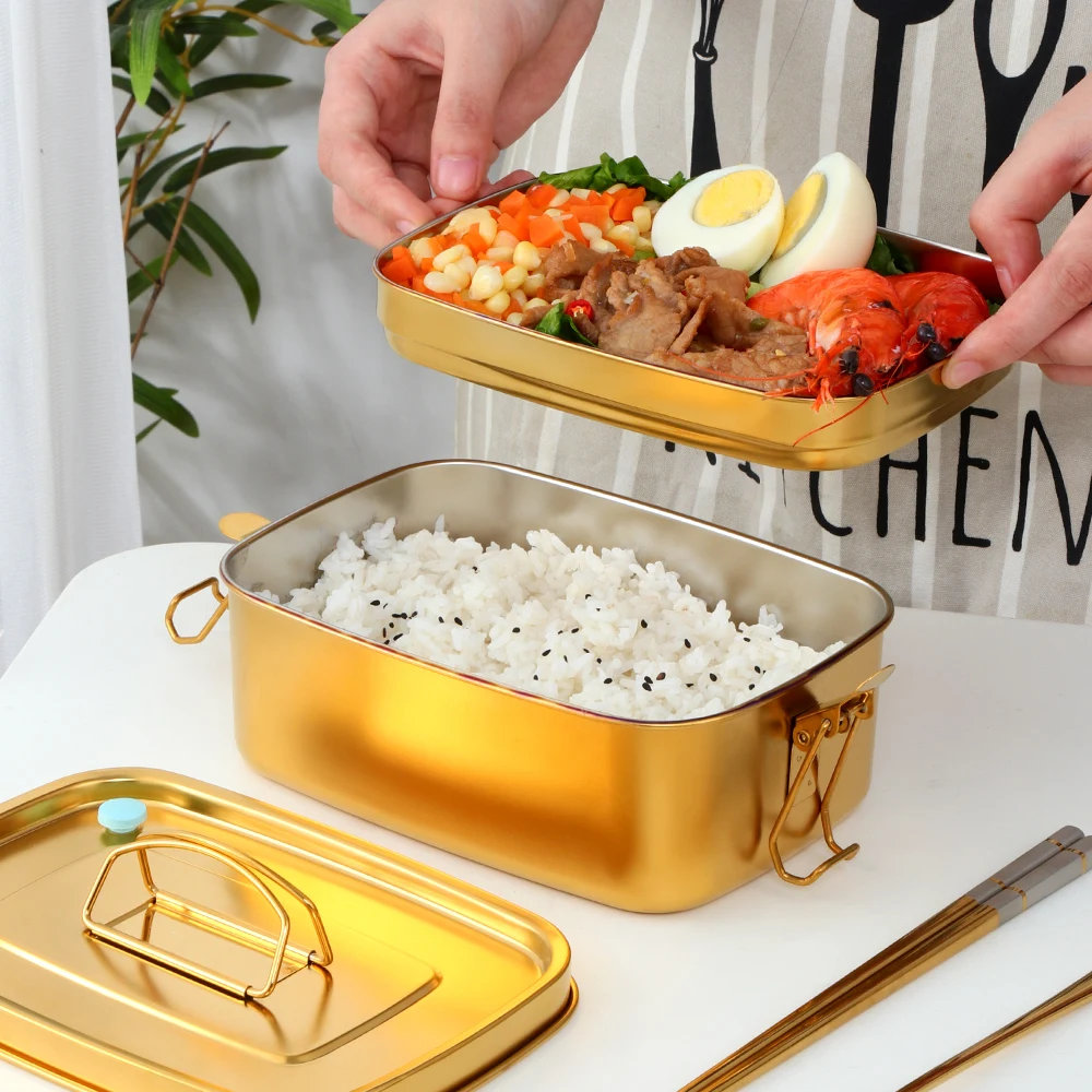 1.5L 304 Stainless Steel Lunch Box Double Layers Bento Food Container Snack Storage Thermal Metal Box Stock Dinnerware