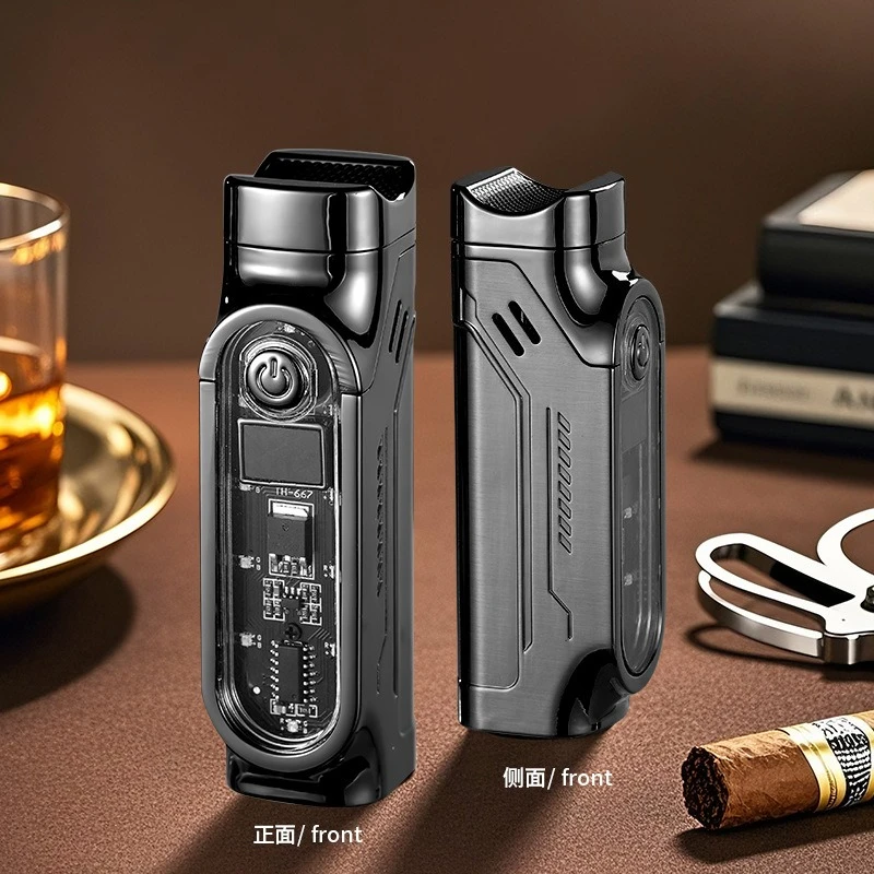Smart 3 Flame Gas Cigar Lighter, Digital Display, with Cigar Drill, LED Light, Portable Multi-functional Ignition Lighter view 6