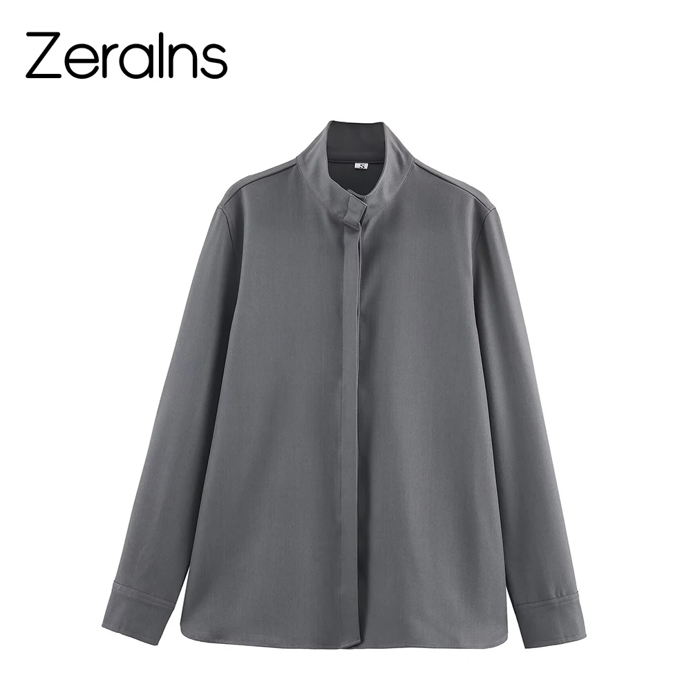 

ZERAINS New Chinese style stand up collar shirt autumn Korean version casual loose high-end drape long sleeved shirt