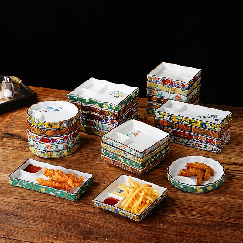 1pc Japanese Ceramic Dumpling Plate, Fried Dish with Sauce Grid, Sushi Plate, Home Snack Plates, Kitchen Ceramic Tableware