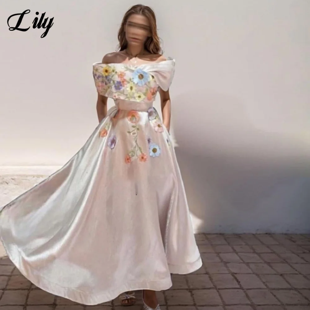 

Lily Blush Prom Dresses Off the Shoulder Gala Dress Stain A-Line Saudi Arabic Evening Party Gown with Appliques Lace Customized