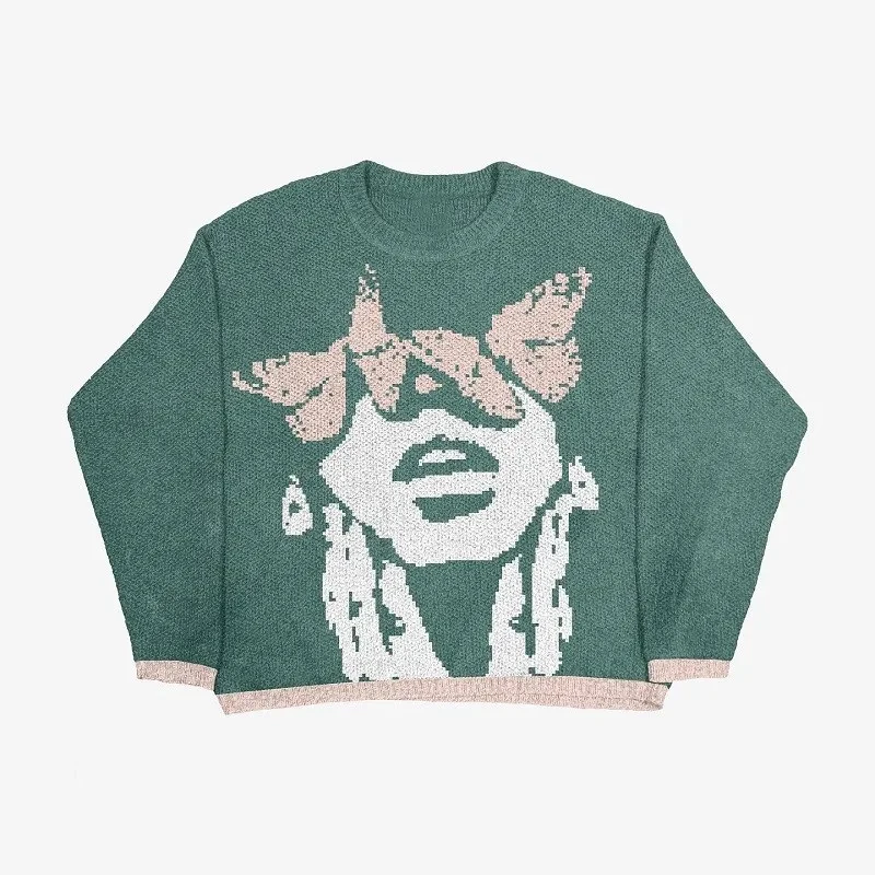 

Y2K European and American autumn and winter warm sweater men's butterfly print round neck knitted casual pullover