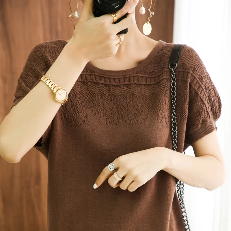 T-shirt Women's New Round Neck Sweater Casual Top Women's T-shirt Loose Solid Color Pullover Large Size Cotton Short Slee E5090