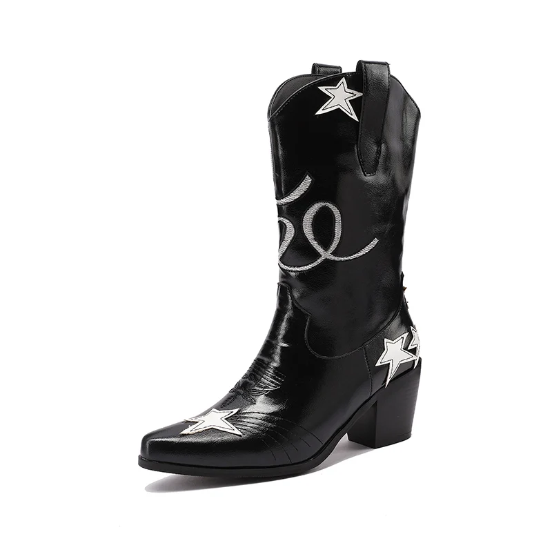 

Wild Cowboy Boots Mid Calf for Women Embroidery Cowgirls Western Booties Strarts Chunky Heels Shoes Retro Walkwear with Pull Tab