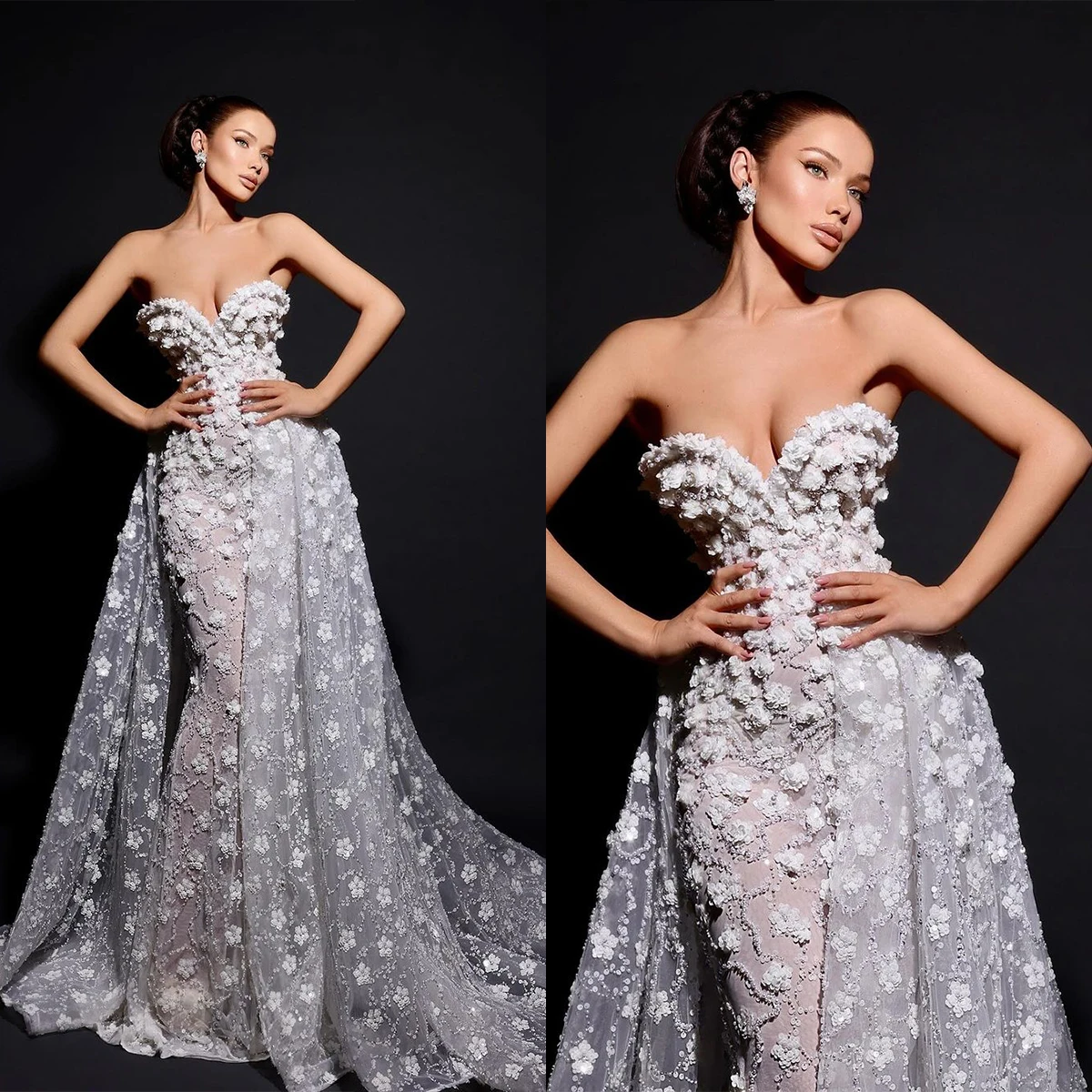 

Magnificent Mermaid Wedding Dresses Sweetheart 3D-Floral Appliques Detachable Train Zipper Bridal Customized Robe De Mariée