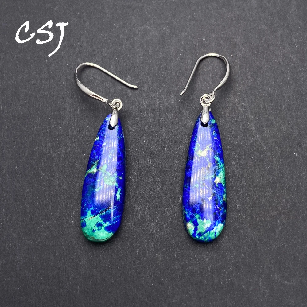Genuine Natural Azurite Earrings 925 Silver Necklace Gemstone  10*30mm for Women Birthday Party  Fine Jewelry Gift