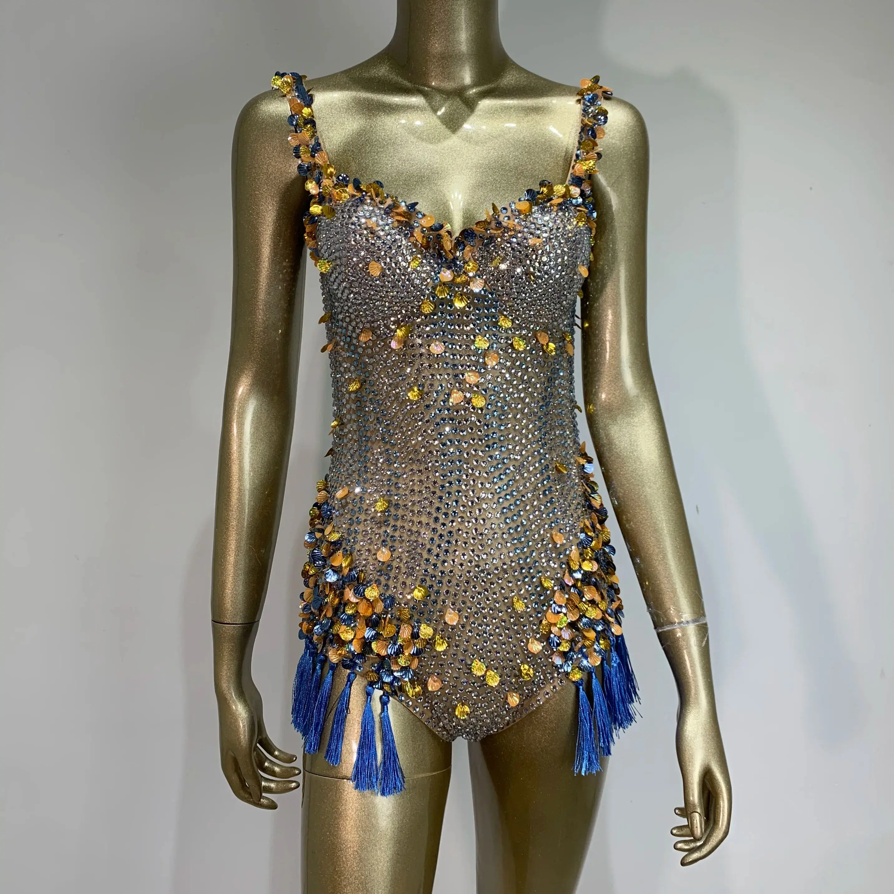 

Women Sexy Sparkly Blue Rhinestones Sequins Bodysuit Performance Costume Nightclub Evening Party Singer Dancer Stage Wear