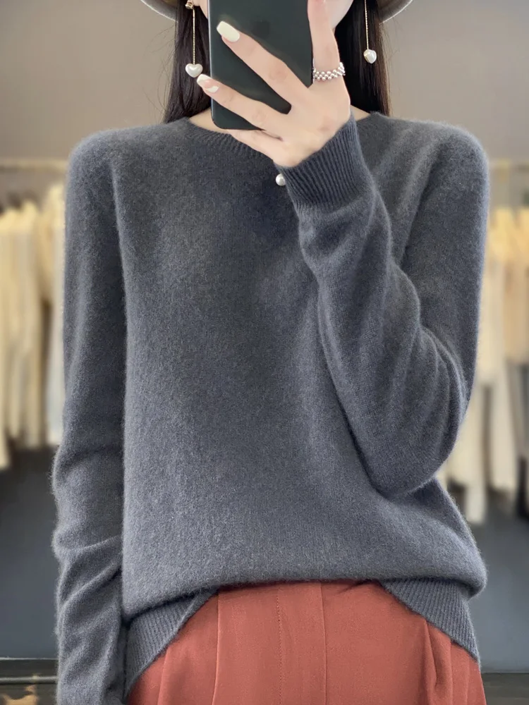 New autumn and winter 100% Merino pure color O-neck cashmere sweater women\'s casual knitted top pullover