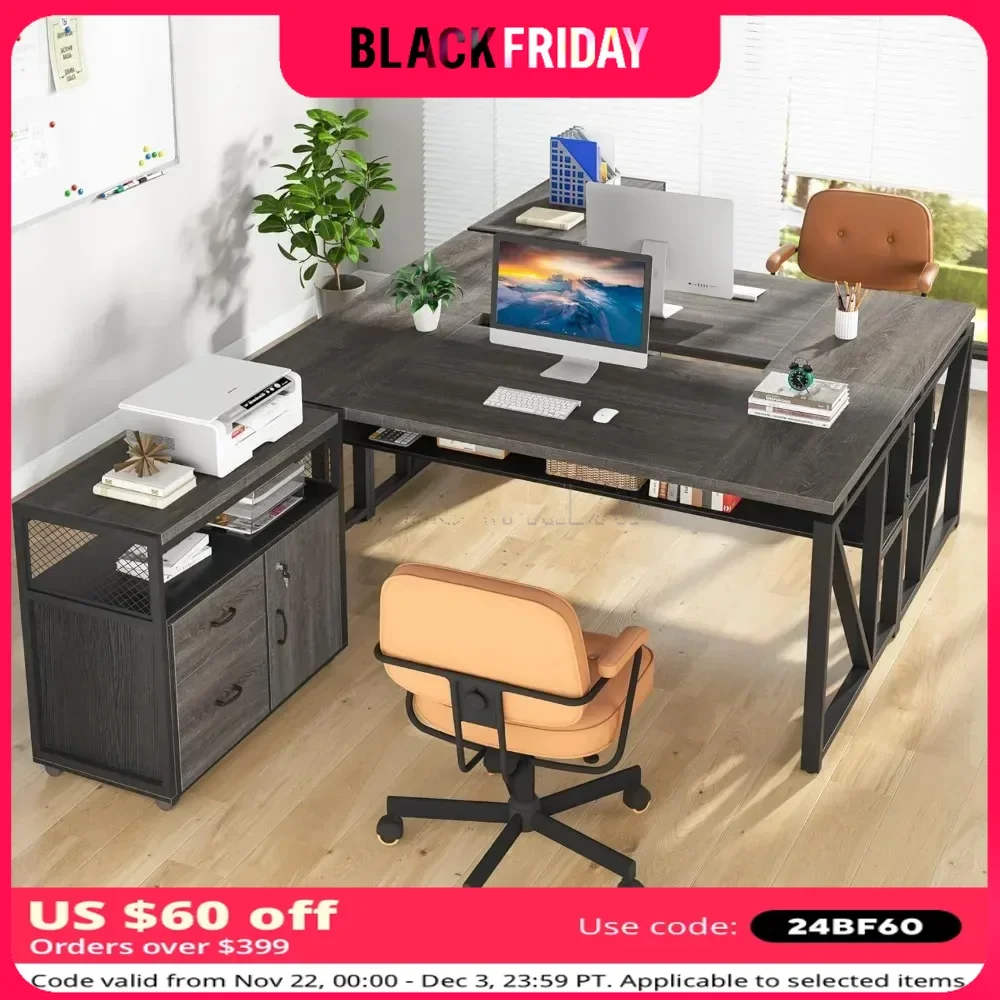 

63 Inches Office Desk with Drawers，L Shaped Computer Desk with Storage Shelves and Mobile File Cabinet, Executive Desk