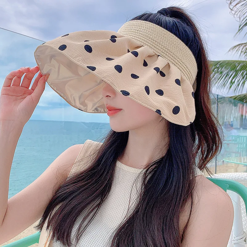 

Summer Women Sun Hat Large Brim Empty Top Female Visors Black Vinyl UV Protection Bonnet Outdoor Beach Travel Sunshade