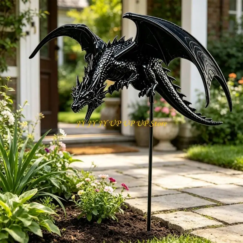 Solar-Powered Flying Dragon Garden Stake Light with Fiber-Optics Effect, Handcrafted Bronze-Tone Decors for Courtyards,
