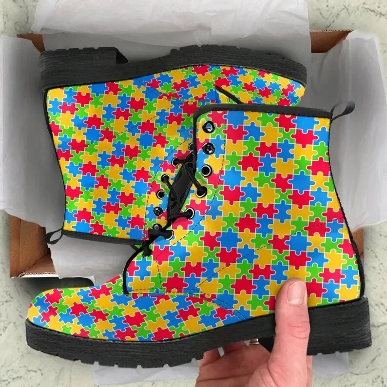 

Autism Leather Boots / Autism Handcrafted Custom Print Boots / Autism Men's Women's Winter Boots