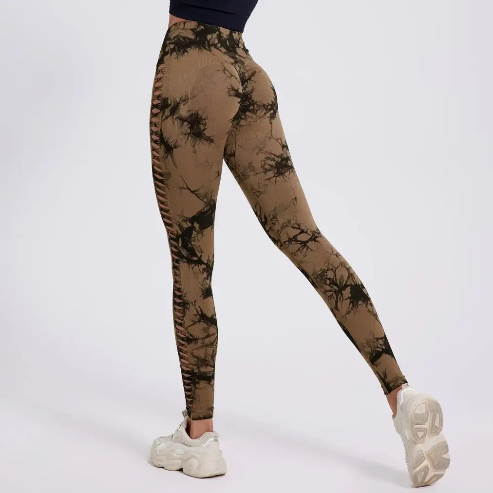 التعادل صبغ الجانب الجوف خارج لفافة ساق غير مخيطة للنساء عالية الخصر اليوغا السراويل Scrunch الورك رفع الجوارب المرنة