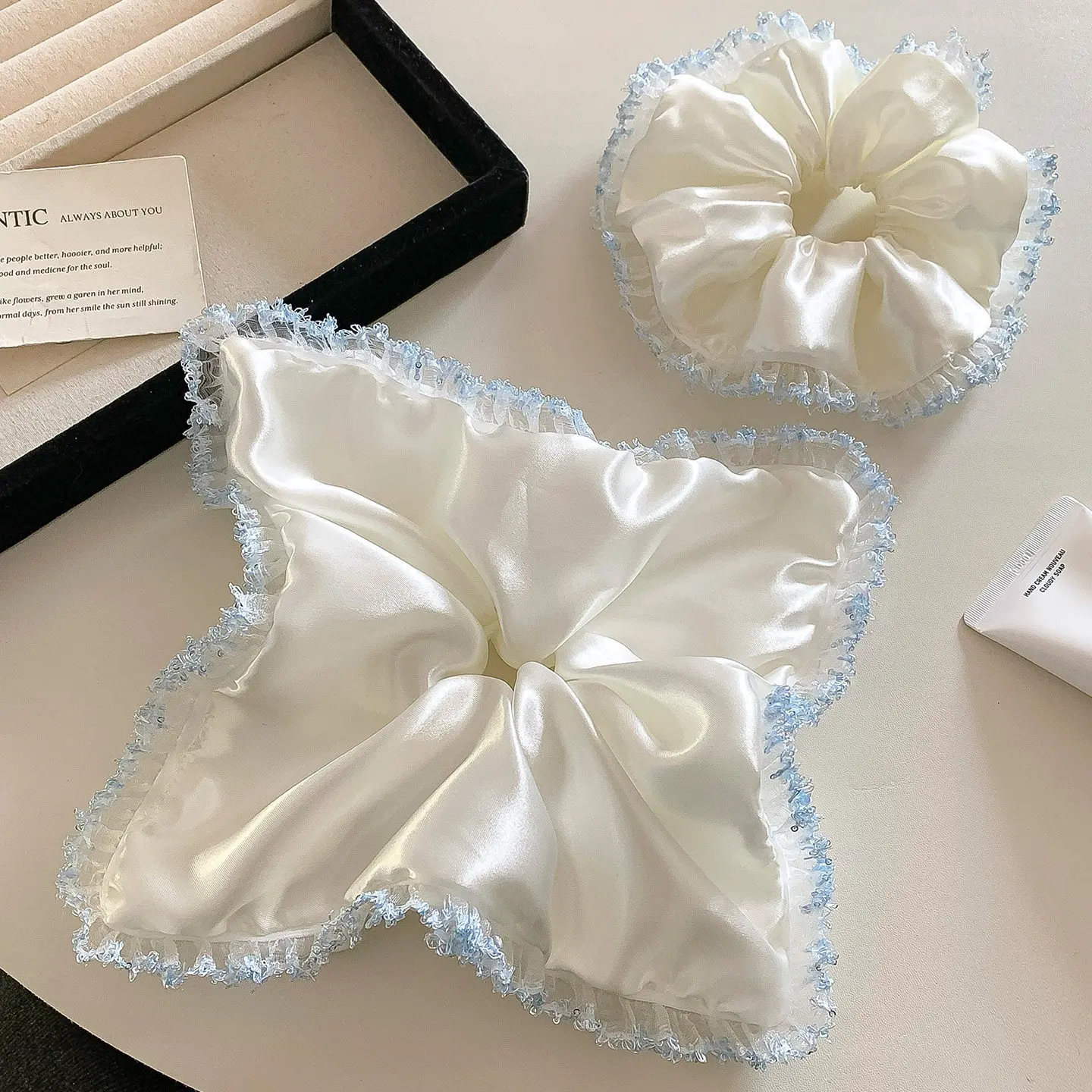Satin Floral Lace Edge Large Scrunchies Sweet Premium Hair Ties for Women Bun Low Ponytail Holder Daily Aesthetic Hair Accessory