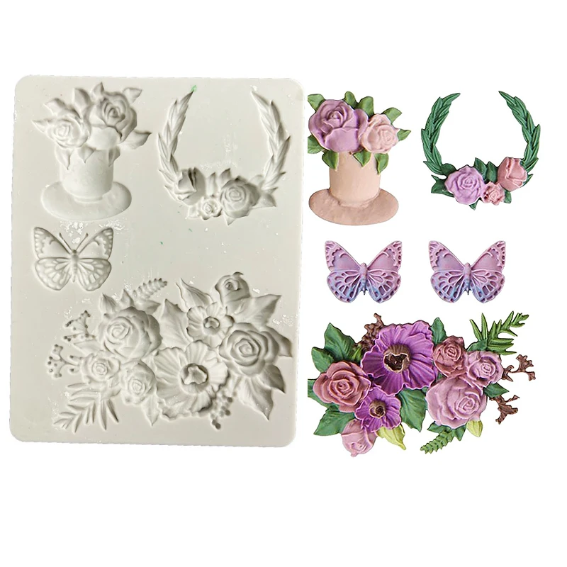 Rose Silicone Mold Butterfly Fondant Mould Flower Pot Bouquet Leaves Chocolate Cake Decorating Cupcake Topper Polymer Clay Tools