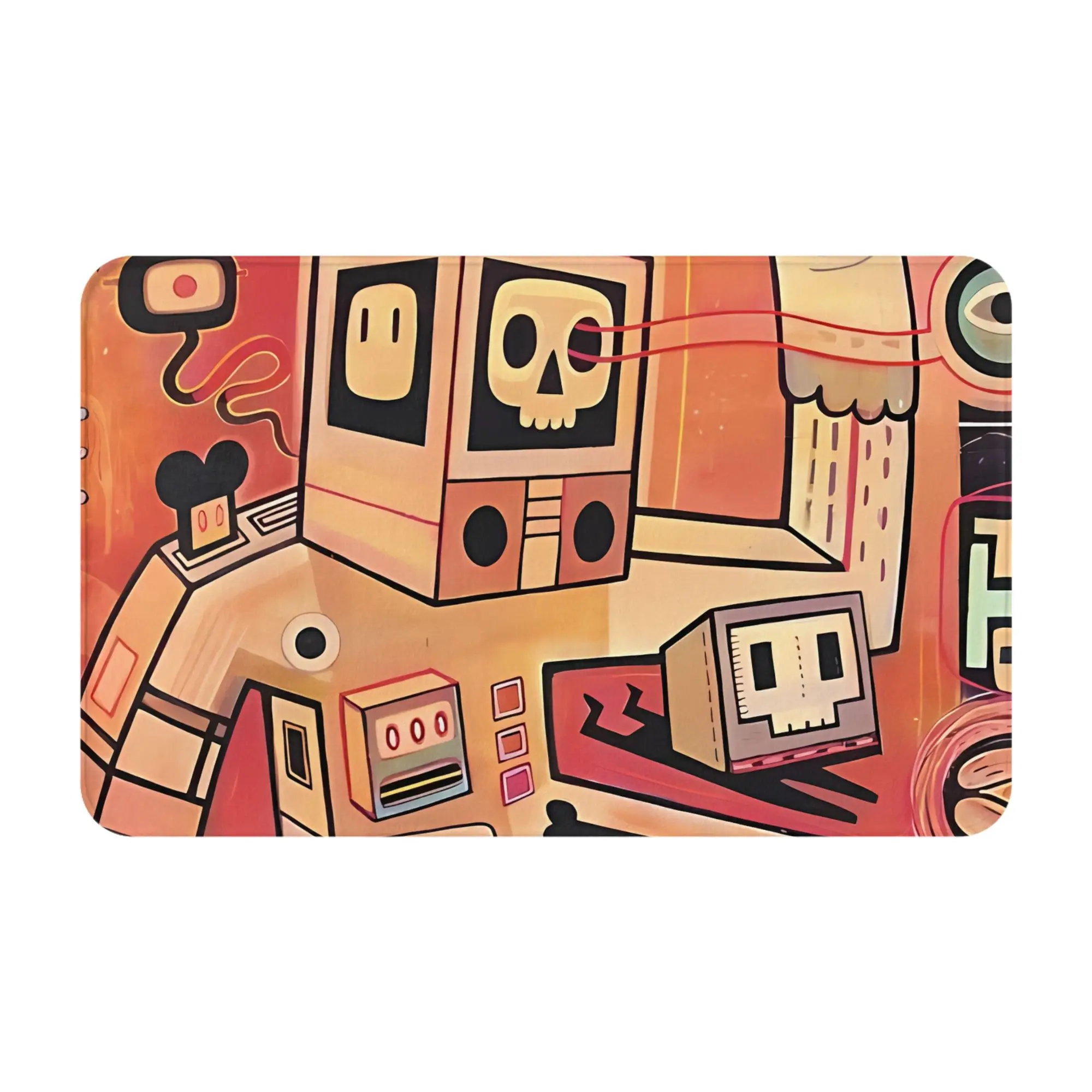Retro Robot Doormat – Non-Slip Flannel with Skull Screens and Circuit Motifs on Orange, Entryway Kitchen Bathroom Living Room