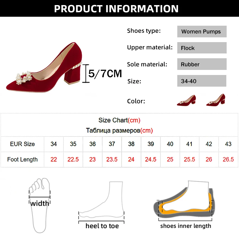 Pearl Crystal Thick Heels Bridal Shoes Women Elegant Pointed Toe High Heel Pumps Woman Red Flock Shallow Wedding Shoes Bride