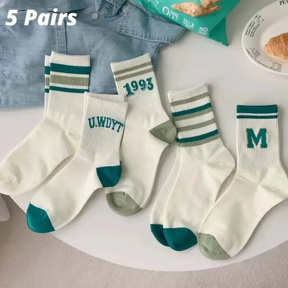 

5 Pairs Women's Socks Classic Striped Letter Print Fashion Girls Cute Harajuku Socks Casual Female Cool Skateboard Socks