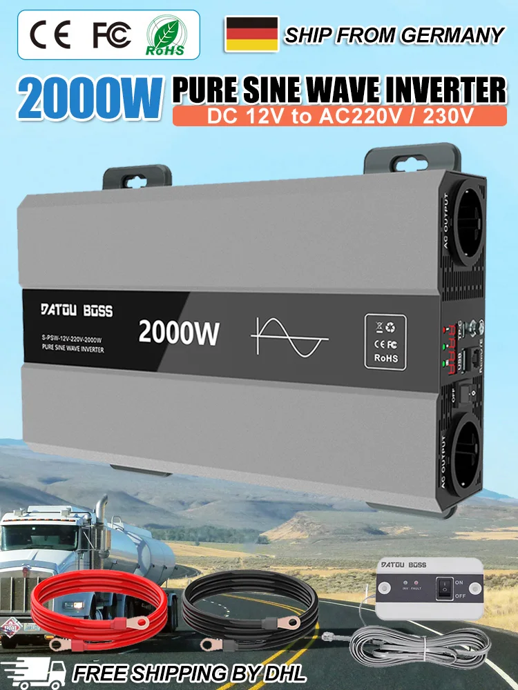 DATOUBOSS 2000W Reiner Sinus-Wechselrichter 12V DC zu 220V AC Tragbarer RV Auto Heim-Stromwechselrichter mit USB AC-Buchse LCD-Display
