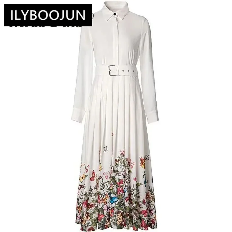 

ILYBOOJUN Fashion Designer Summer Women's Dress Elegant Vintage Floral Print Sashes Pleated Chiffon Temperament Flutter Dresses