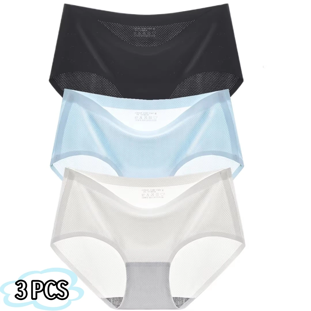 

3 PCS Thin Mid-Waist Sexy One-Piece Briefs New Multicolor Ice Silk Underwear Women's Traceless Breathable