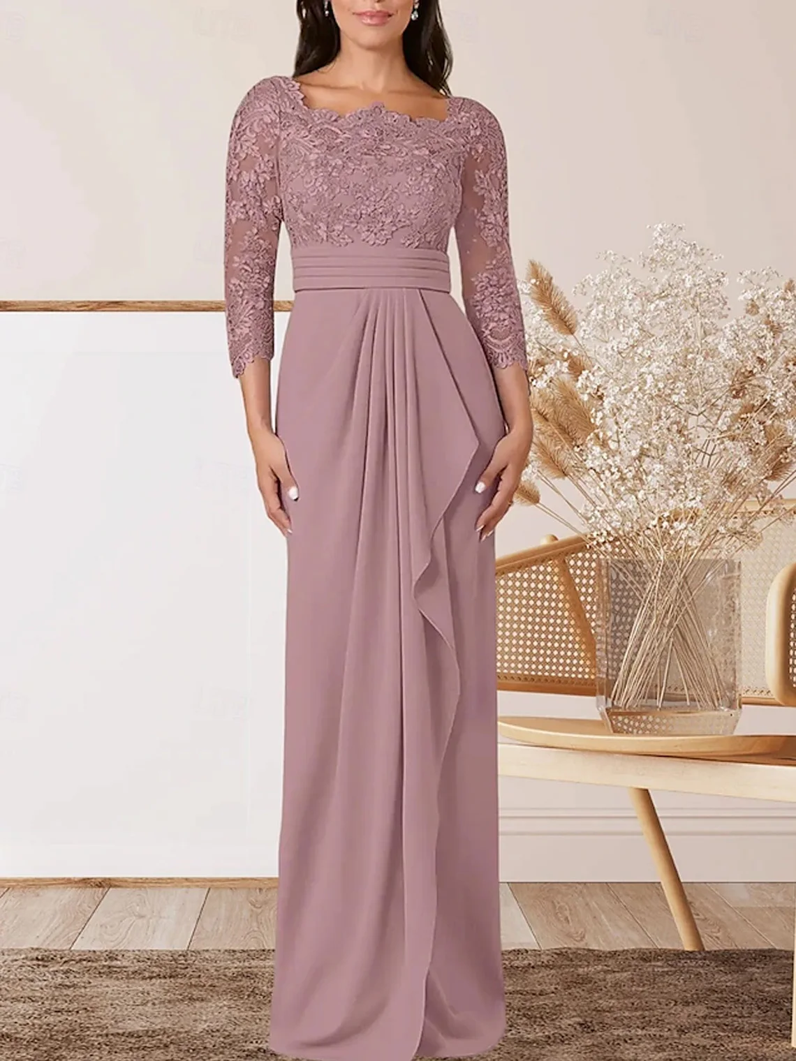 

ElegantChiffon Lace Wedding Dress Square Neck Floor Length 3/4 Sleeve Pleated Formal Evening Gown 2025 free customized