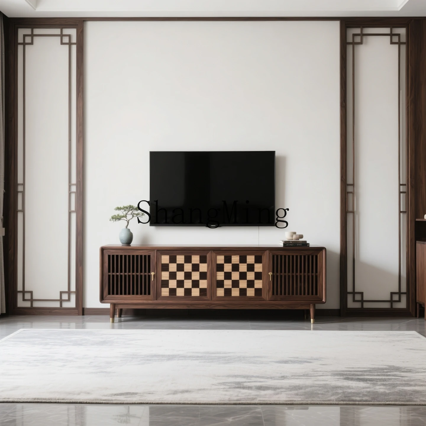 

CL solid wood new Chinese TV cabinet simple living room against the wall floor-to-ceiling small apartment TV cabinet