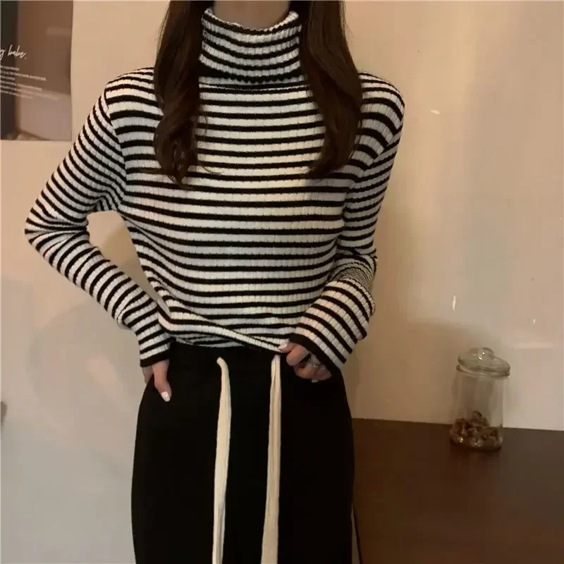 New Black Striped Sweater Women Knitted Pullover Autumn Long Sleeve Turtleneck Knitwear Slim Fit Bottoming Shirt Stretch Jumpers