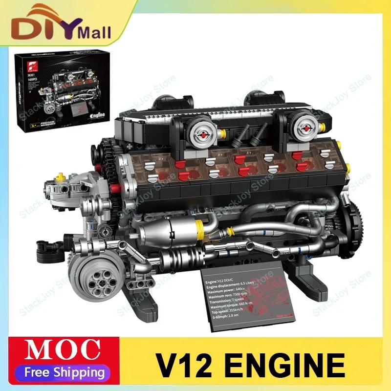 

36301 1409 шт., модель двигателя суперкара V12, строительные блоки, комплект, техническая сборка, кирпичные игрушки, креативный STEM, образовательный рождественский подарок