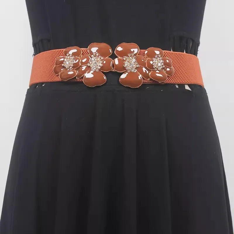 Women's Runway Fashion Flower Buckle Elastic Cummerbunds Female Dress Corsets Waistband Belts Decoration Wide Belt R834