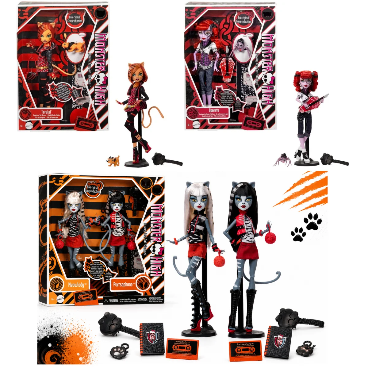 Monster High Boo-Riginal Creeproduction Meowlody Purrsephone Werecat Toralei Operette Twin Cat 28cm Set de Muñecas Coleccionables de Moda