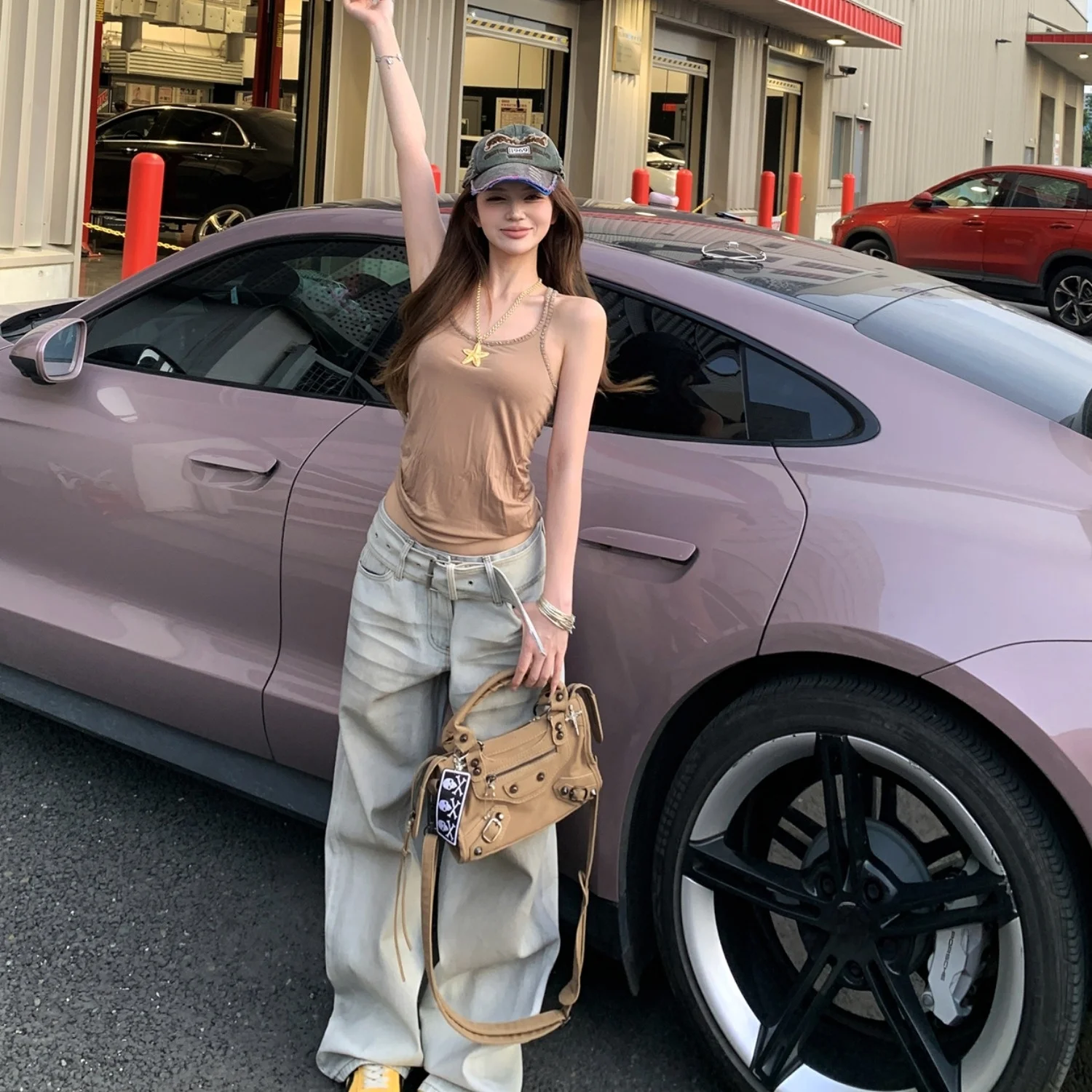 

Summer American Style Spicy Girl Retro Outerwear Rhinestone Vest Women's Washed Loose Waist Belt Jeans Set Trendy