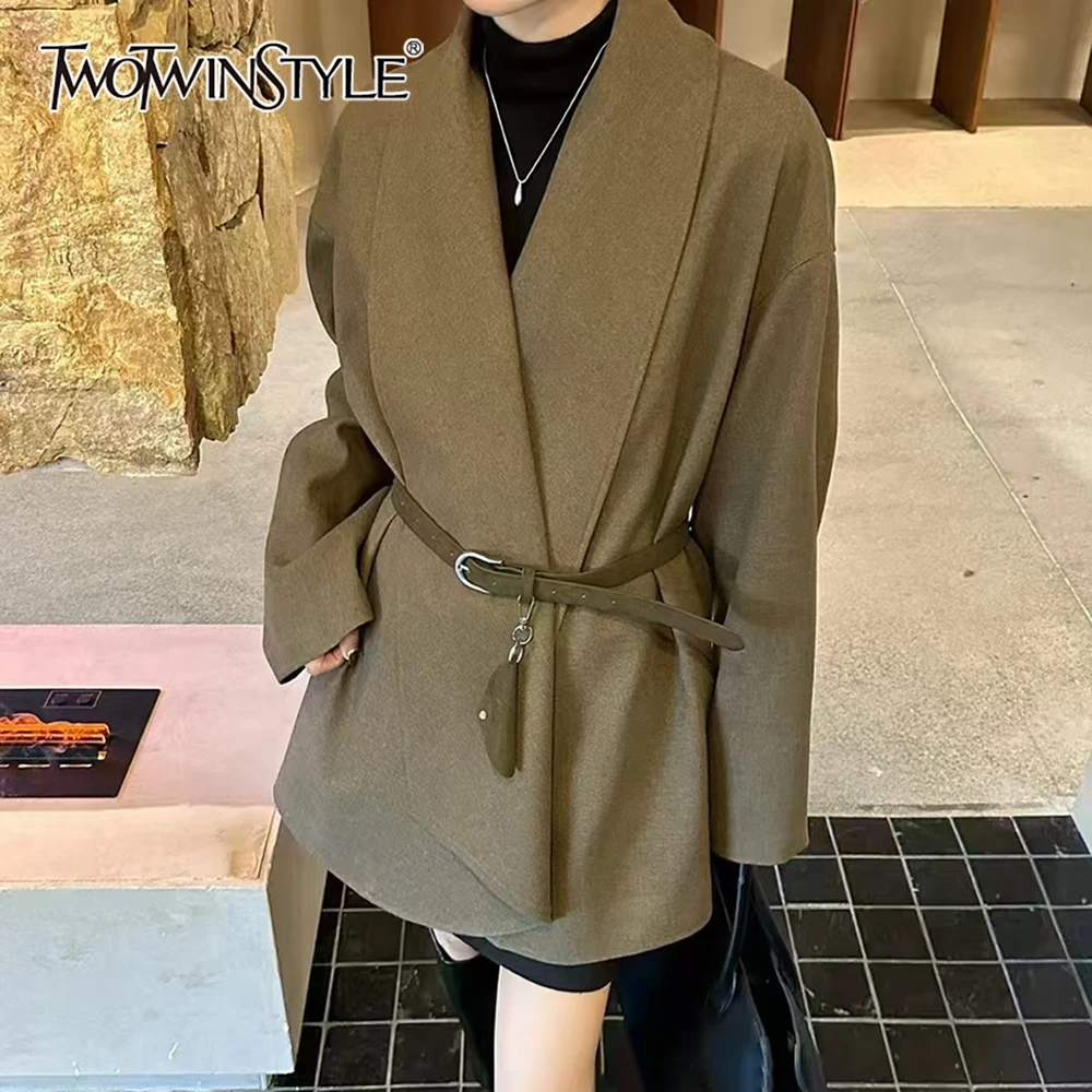 

TWOTWINSTYLE Solid Spliced Sashes French Jacket Female Lapel Long Sleeve Loose Streetwear Women's Jackets Autumn Fashion Style