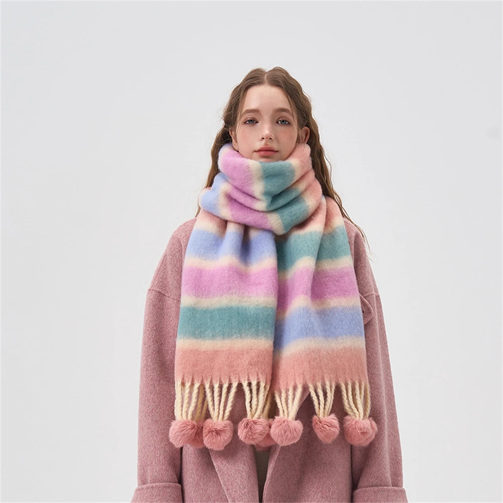 2024 Winter Cashmere Scarf Women\'s Thicken Warm Hairball Tassel Shawls Wraps Rainbow Hairy Bufand hombre Pareo Christmas Gift