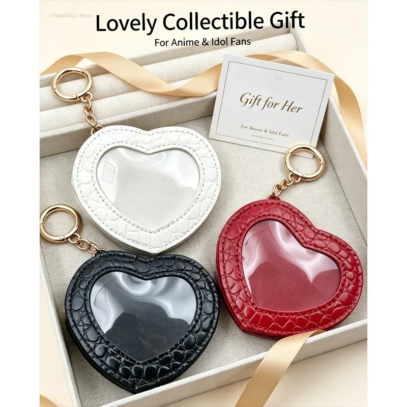Crocodile‑Texture Heart Badge Pouch Keyring Transparent Badge Holder Bag Charm Collectible Gift for Anime K‑pop Fans