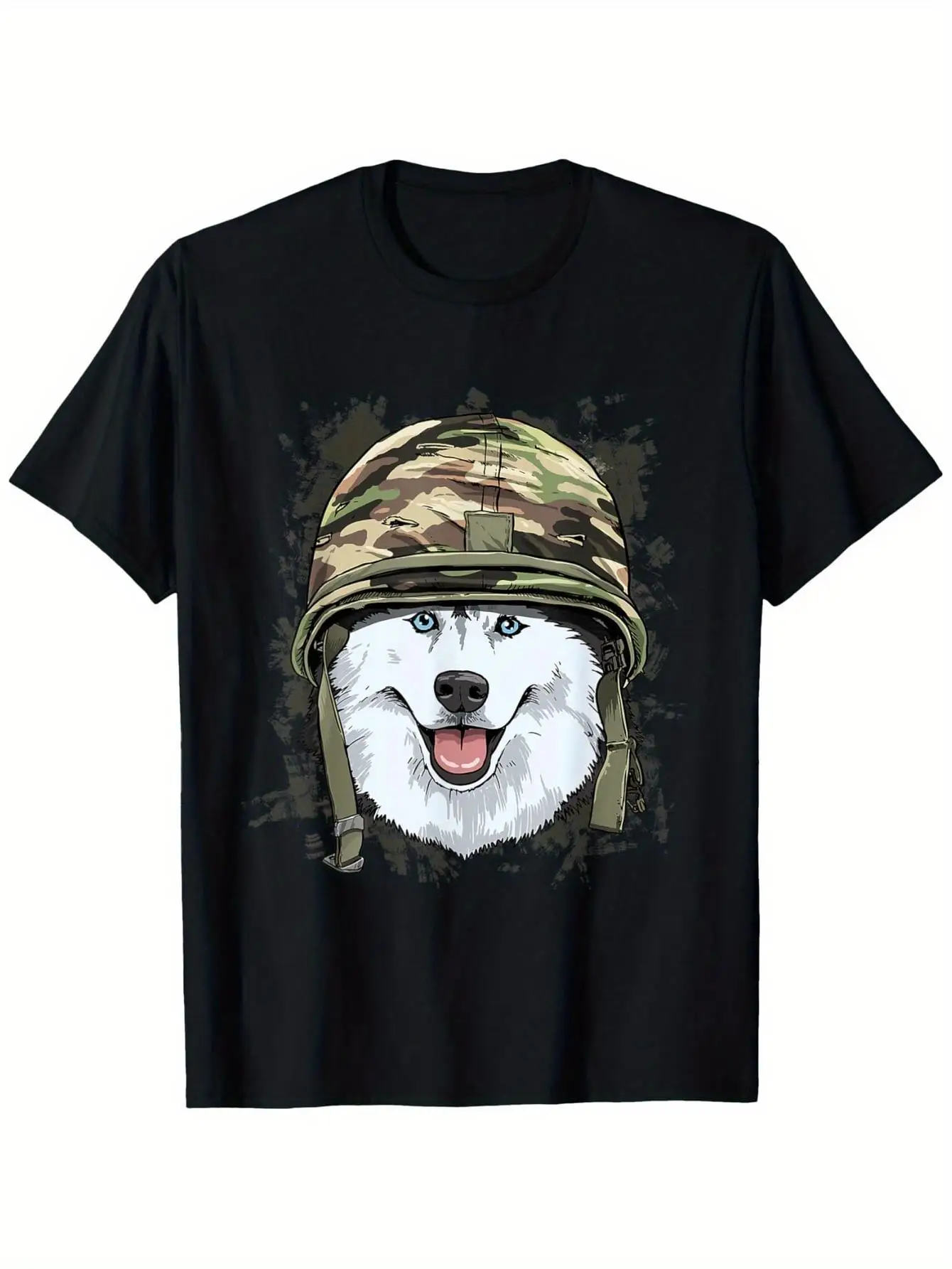 

Camo Husky Dog Wearing Helmet Graphic Tee Men Women Breathable Cotton T-Shirt Trip Gift