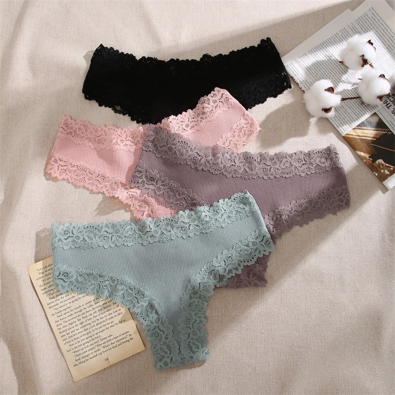 FINETOO 3PCS Women Cotton Brazil Panties Sexy Low Waist Lace Briefs Solid Color Stretch Underpants Comfortable Lingerie Panties