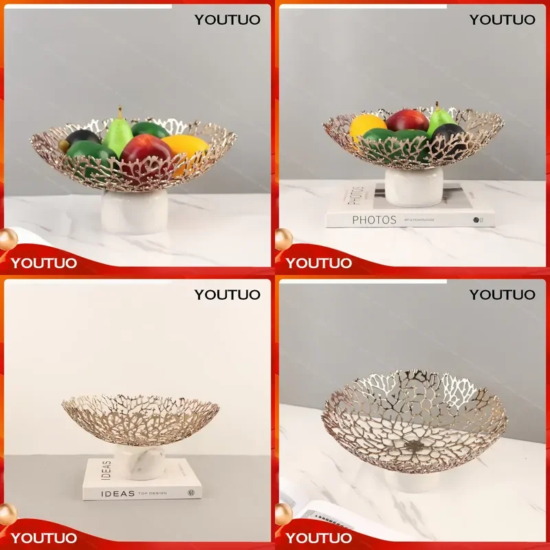 Hollow Metal Tray Coral Disc Pedestal Marble Base Round Fruit Plate Compote Home Decoration Accessories